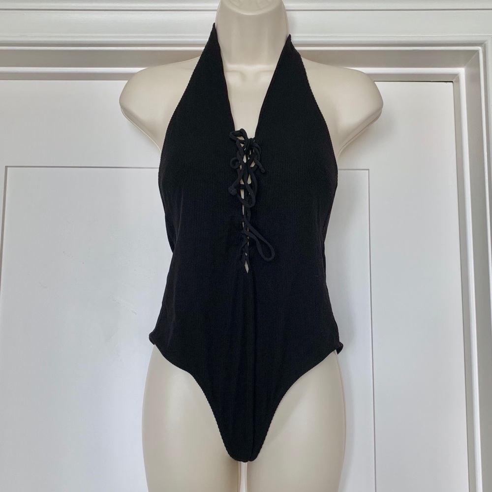 Zara Ribbed Halter Neck Lace Up One Piece - L